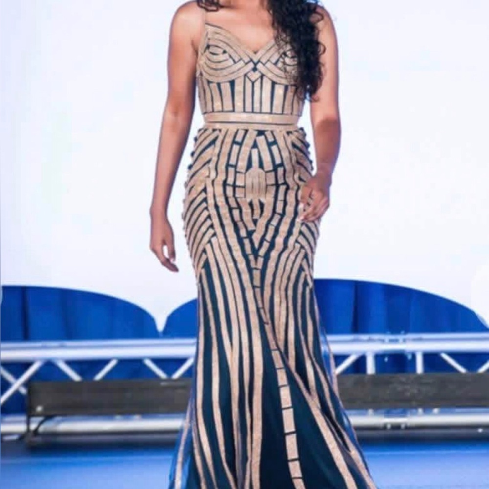 Navy and Gold Striped Mermaid Maxi Dress